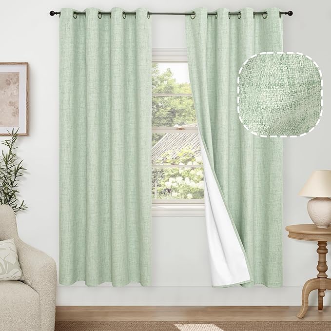 Sage Green Blackout Curtains for Bedroom - Linen Curtains 72 Inch Length Thermal Insulated Privacy Burlap Boho Window Drapes for Living Room Scandi Farmhouse Dining, 2 Panels, Each 52" Wide
