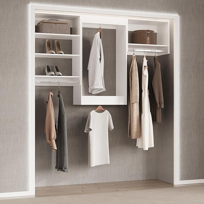 Tall Hanging Closet Unit, Modular Closet System, Wood Closet System Organizer with Storage for Walk in Closets, Clothing Rack Wardrobe Closet for Hanging Clothes, Bedroom, White, 19.5" W