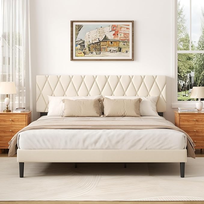 King Size Bed Frame with Diamond Tufted Headboard, Velvet Upholstered Platform Bed and Wooden Slat Support, Noise-Free, No Box Spring Needed, Easy Assembly, Beige