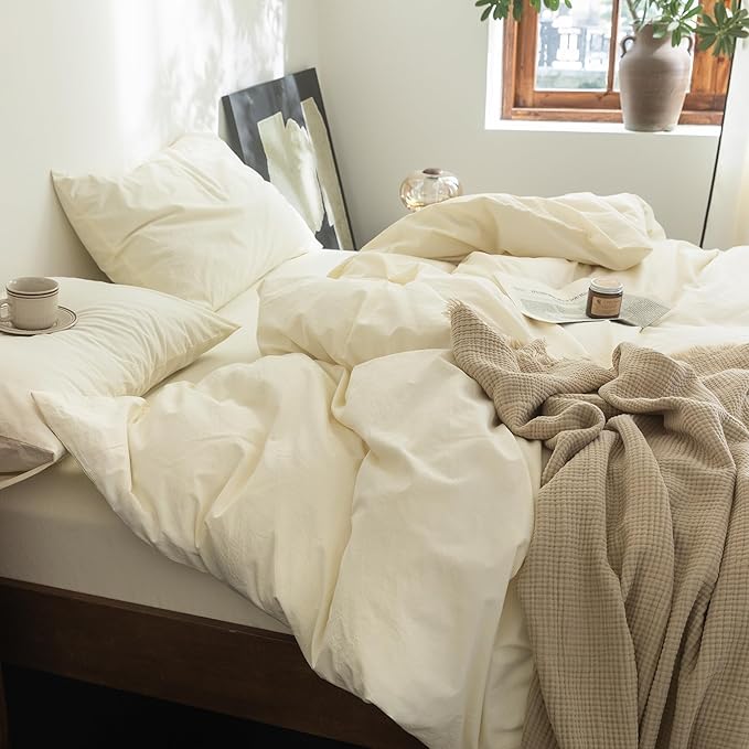 FOSSA Duvet Cover Set 100% Washed Cotton Linen Feel Super Soft Breathable Cozy 3 Pieces Bedding Sets Solid Cream White Oversized King Plus