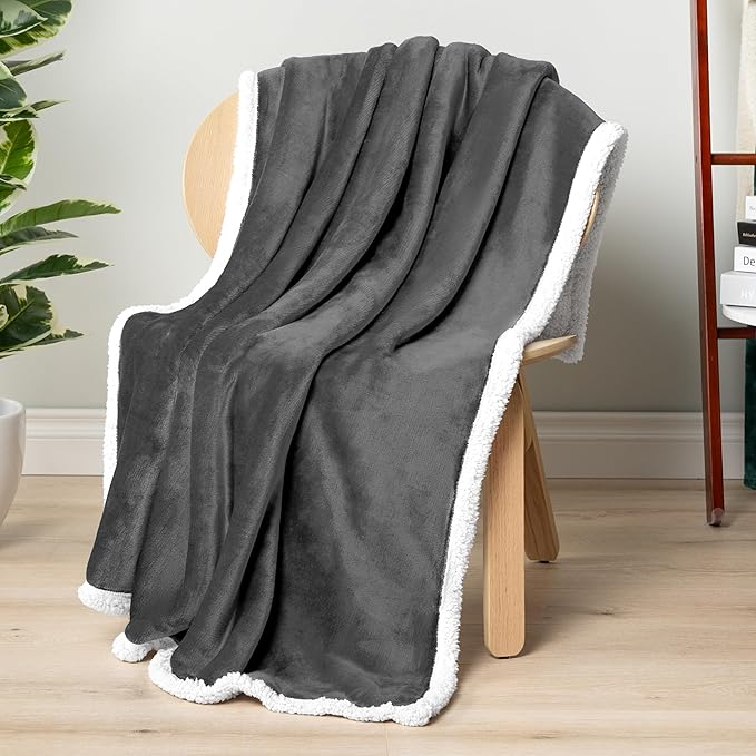 PAVILIA Sherpa Fleece Throw Blanket for Couch, Twin Size, Dark Grey, Plush Soft Fuzzy Sofa Blanket, Cozy Reversible Winter Throw for Women Men, 60x80 Inches