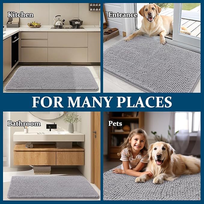 OLANLY Dog Door Mat for Muddy Paws 59x32, Absorbs Moisture and Dirt, Absorbent Non-Slip Washable Doormat, Quick Dry Chenille Mud Mat for Dogs, Entry Indoor Entryway Carpet for Inside Floor, Light Grey