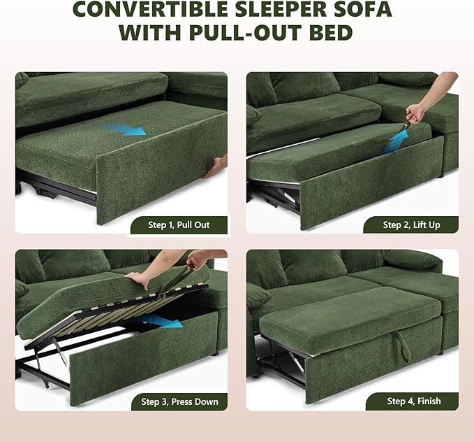 VINGLI Convertible Sofa Bed Couches for Living Room, Sleeper Sofa with Pull Out Couch Bed, Cloud-Like Plush Fleece L-Shape Sectional Couch with Storage Chaise, USB Charging, Side Pockets (Green)
