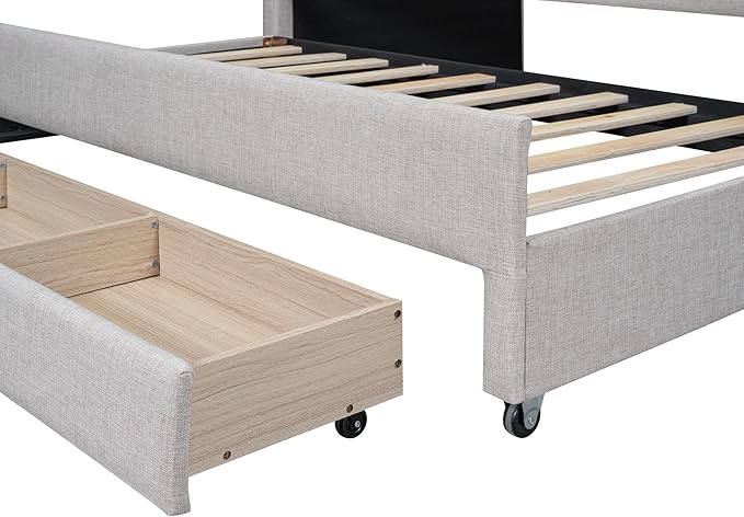 Favfurish Twin Size Upholstered Daybed with Trundle and 3 Lower Drawers,Linen Sofa Bed for Apartment Living Room Guest Room,Solid Wood Day Bed Frame,No Box Spring Needed,Beige