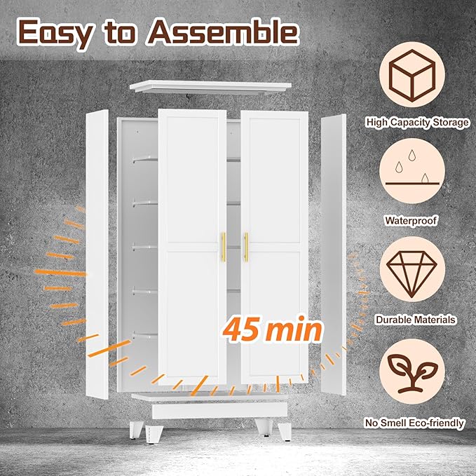 75" Metal Kitchen Pantry Cabinet,White Storage Cabinet with Doors and 5 Adjustable Shelves, Cabinet with 2 Metal Handles,Tall Cabinet for Livingroom,Pantry, Bathroom,Kitchen