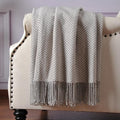 CUDDLE DREAMS Silk Throw Blanket with Hand-Knotted Fringe, Natural, Soft & Breathable (Herringbone Gray)