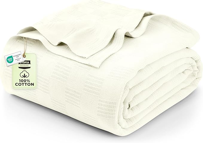 Utopia Bedding Ivory 100% Cotton Blanket [King Size - 90x108 Inch] 350GSM Lightweight, Soft and Breathable Thermal Blanket for All Seasons