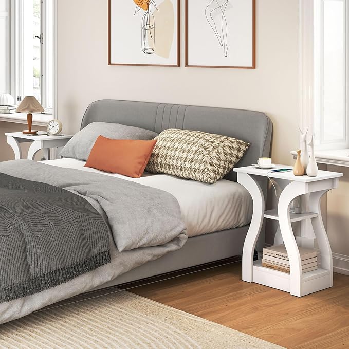 Giantex Narrow End Tables with Charging Station Set of 2, Wood Sofa Side Tables with Open Storage Shelves, Bedside Tables with USB Ports & Outlets, Modern Nightstands for Living Room, Bedroom, White