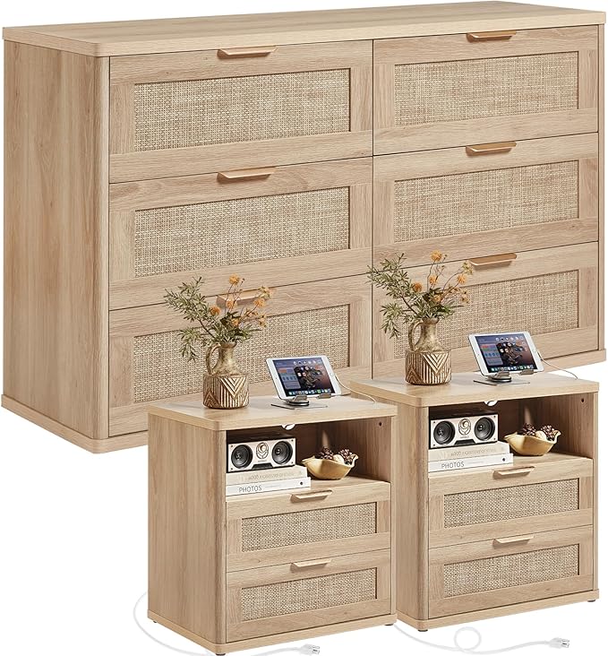 LEYAOYAO Rattan Dresser and Nightstand Sets 3 Piece, Boho Wood Dresser for Bedroom with 6 Drawers and Night Stand with Charging Station, Bedroom Furniture, Dressers & Chests of Drawers, Living Room