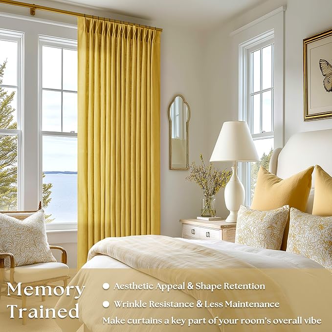 Farmhouse Mustard Yellow Linen Curtains 102 Inches Long for Living Room Pinch Pleated Drape with Hooks Rings for Track System Light Filtering 102 Inch Curtain for Bedroom Sliding Patio Door 2 Panels