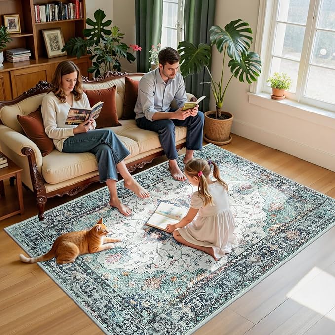Area Rugs 5'x7' Washable Non-Slip, Floral Vintage Distress Print Pattern Medallion Carpet for Living Room Bedroom Dining Room, Green Navy Blue White Red Teal Colorful