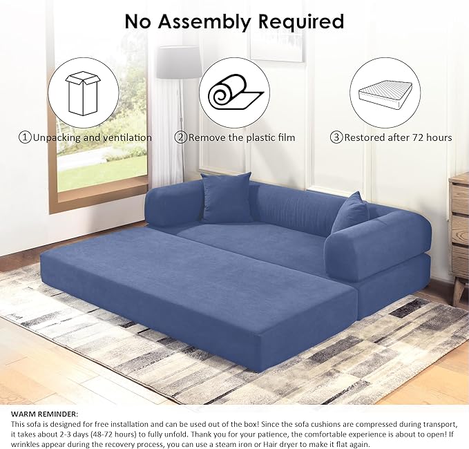 80" Convertible Sofa Bed, 3-in-1 Corduroy Folding Pull Out Couch with Pillows, No Assembly Modern Boneless Couch Compression Sofa in Box, Floor Sofa with Side Storage for Living Room,Dark Smog Blue