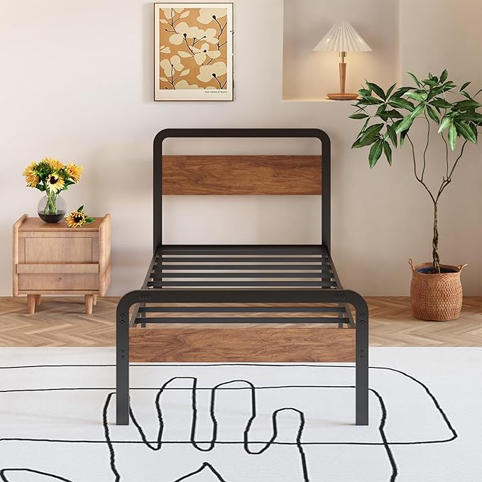 12 Inch Twin Bed Frames with Wooden Headboard and Footboard, No Box Spring Needed, Heavy Duty Metal Mattress Foundation, Noise Free, Easy Assembly, Black