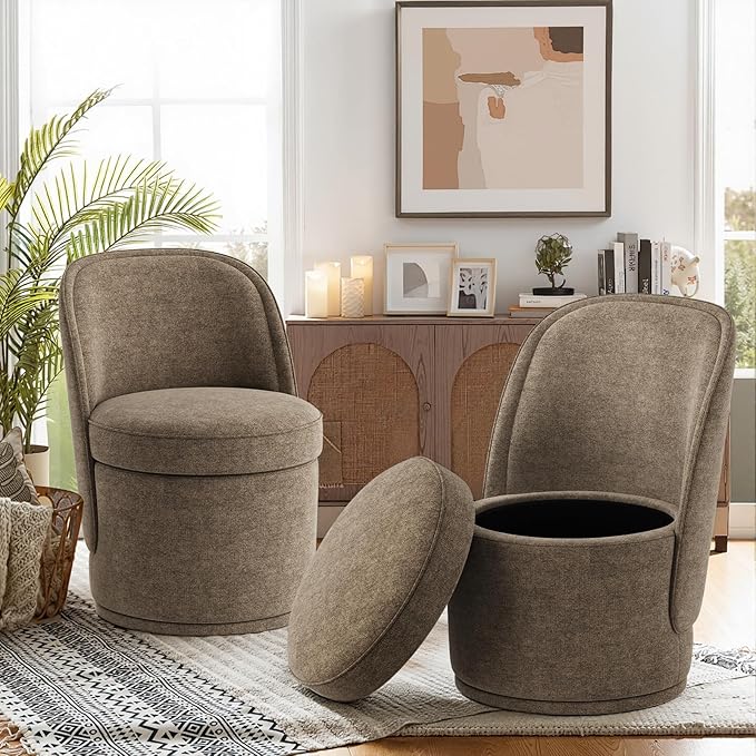 Swivel Accent Chair Set of 2, 360° Swivel Round Chair with Hidden Storage, Vanity Chairs, Modern Small Barrel Armchair for Living Room/Bedroom, Brown