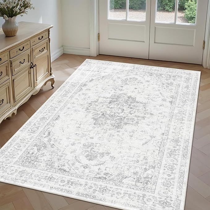 3x5 Vintage Washable Area Rugs Boho Medallion Large Distressed Retro Accent Carpet Floral Non-Slip Soft Low Pile Indoor Throw Rug for Living Room Bedroom Dining Room Office Kitchen, Gray
