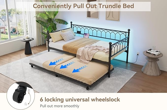 GarveeHome Daybed with Trundle, Metal Twin Trundle Bed with Charging Station & LED Lights, Sofa Beds Frame with Pull Out Bed for Living Room, Guest Room, Apartment, Small Spaces, Black