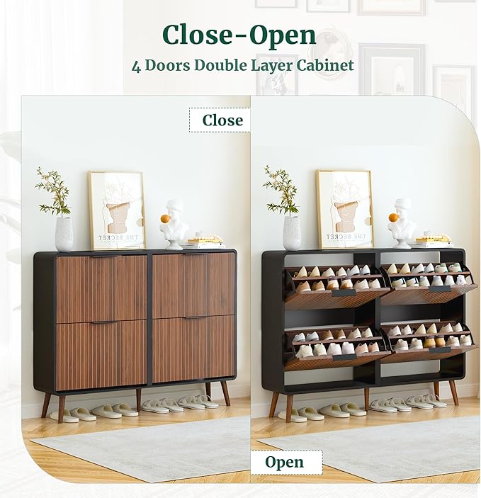 47" Fluted Large Shoe Cabinet with 4 Flip Drawers, Slim Freestanding Shoe Cabinet Organizer, Narrow Shoes Storage Rack for Entryway, 5 Sturdy Legs (Walnut with black, 9.45"D x 47.24"W x 35.83"H)