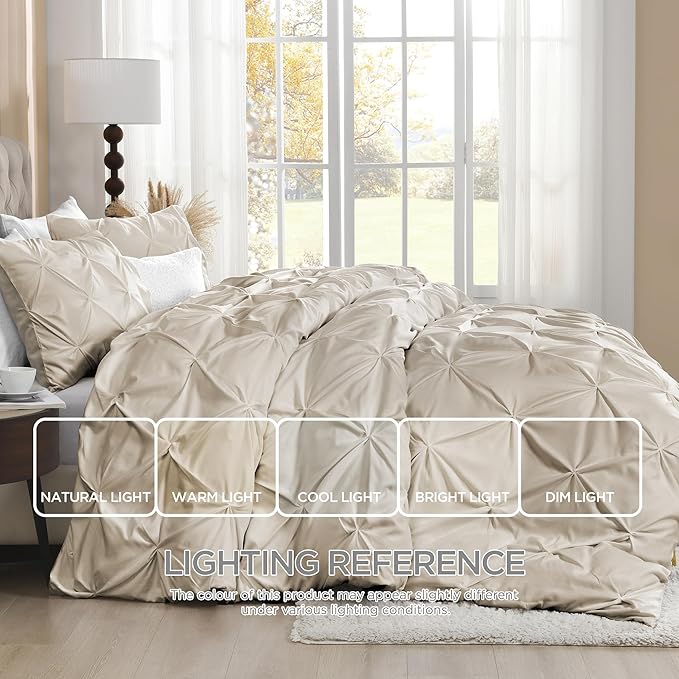 Litanika Oatmeal Pinch Pleat Duvet Cover King, 3 Pieces Pintuck Soft Microfiber Bedding Set with Zipper Closure & Corner Ties(104x90Inch-1 Duvet Cover, 2 Pillowcases)