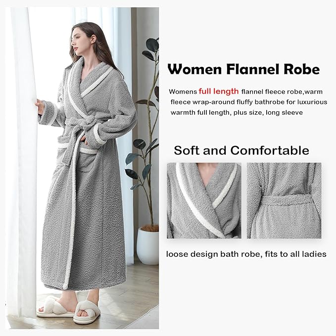 Oksun Womens Long Fleece Robe: Soft Fluffy Warm Bathrobe - Cozy Winter Housecoat Nigthgown with Chic Piping