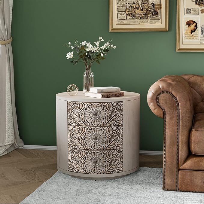 COSIEST Bedside Table Set of 2, Wood Nightstand 3 Drawers, Farmhouse Round End Table with 3 Drawers, Dresser with Drawers for Bedroom, Living Room