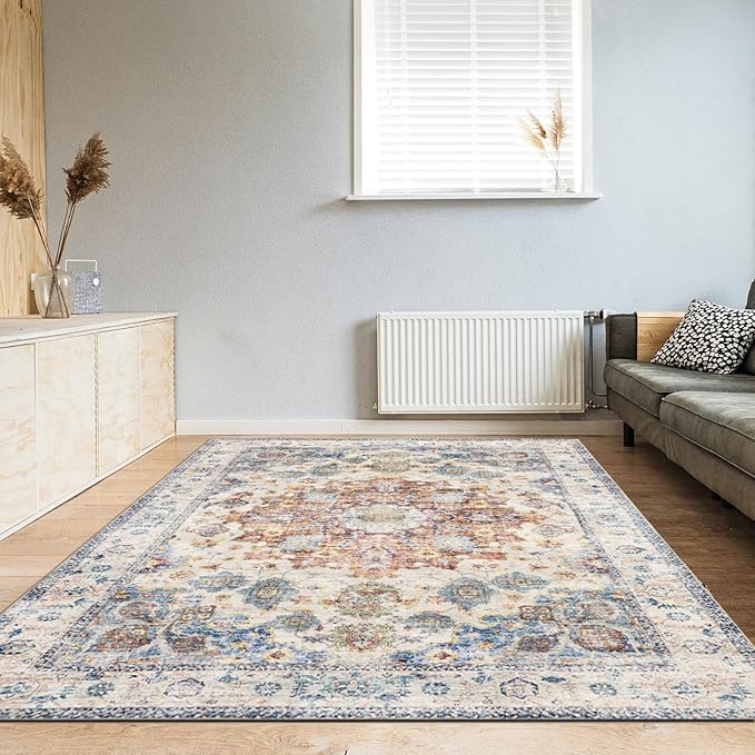 Area Rug 8×10, Large Vintage Boho Rug,Ultra-Soft Low Pile, Washable, Non Slip,Stain Resistant, Printed Carpet for Living Room Bedrooms Playroom Office Kitchen, Blue/Red