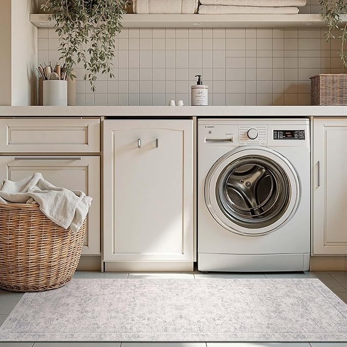 jinchan Runner Rug 2x6 Kitchen Rugs Hallway Runner - Machine Washable Vintage Floral Non-Slip, Low Pile Soft Ultra-Thin Distressed Carpet for Entryway Farmhouse Bedroom Laundry Room (2’x6’, Ivory)