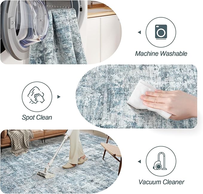 7x9 Area Rug for Living Room Washable Abstract Vintage Soft Thin Indoor Floor Non-Slip Carpet for Bedroom Dining Room Blue Grey
