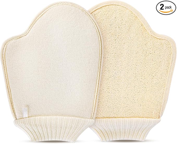 Natural Loofah Exfoliating Mitts, 100% Plant-Based Loofah Sponge for Women and Men,Dye-Free,for face and Body-2 Count