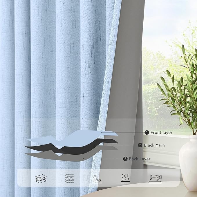 Pitalk Light Blue Curtains for Bedroom 63 Inch Length 2 Panels Linen Blackout Room Darkening Cold Heat Light Blocking Sky Baby Blue Curtains for Kids Room Girls Boys Nursery Breakfast Nook 52x63 Long