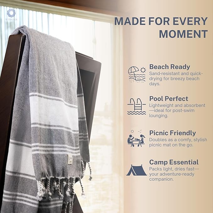 Cotton Turkish Beach Towel Towels Oversized 36"x72" Pool Absorbent Extra Large Quick Dry Sand Travel Towel (Grey, 4 Pack)
