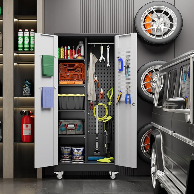 Garage Storage Cabinet with Wheels, Broom Closet Storage Cabinet with Pegboards and Adjustable Shelves, Metal Tool Cabinet with Lockable Door for Garage Home, Black and White