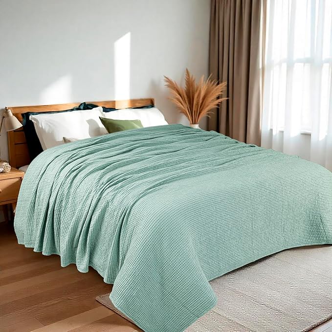 HILLFAIR 100% Cotton Blanket- 120"x120" XXL Oversized King Bed Blankets- Family Size 10 ft x 10 ft Big- Waffle Blankets, All Season Soft Breathable Extra Large King Cotton Blanket for Bed: Sage