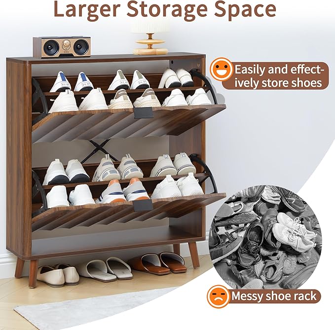 31.5” Fluted Shoe Cabinet Storage with 2 Flip Drawers,Narrow Freestanding Shoe Storage Organizer,Slim Shoe Rack Cabinet for Entryway,Hallway (Walnut)