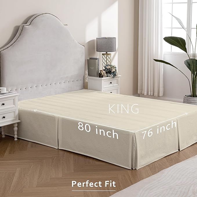 MIYE Pleated Waffle Weave Bed Skirt, Tailored Dust Ruffle 18 Inch Drop Easy Fit, Machine Washable,No Split Corners (Light Beige, King - 18" Drop)