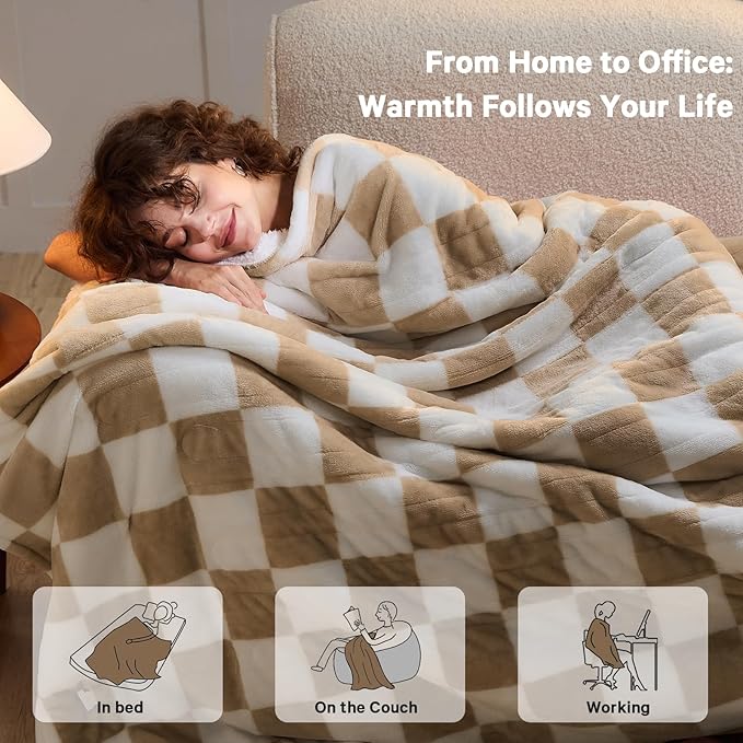 Light Brown Heated Blanket Electric Twin Size, 62X84 Heating Blanket with 10 Heat Level & 8 Hours Auto Off, Checkered Plaid Soft Fleece Sherpa Blankets Warmer Gifts for Couch Grandma Women Adults