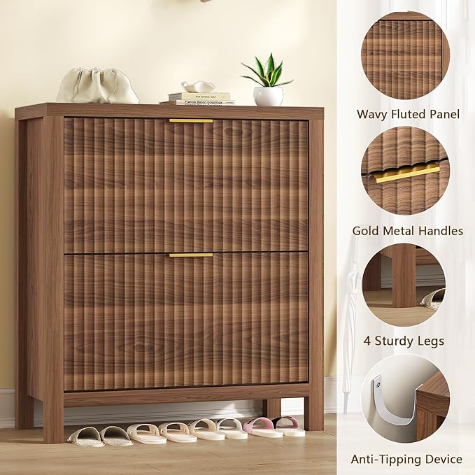 Shoe Cabinet Storage for Entryway, Fluted Shoe Cabinet with 2 Flip Drawers, Hidden Shoe Rack Tall Freestanding Shoe Organizer with Legs for Hallway, Walnut