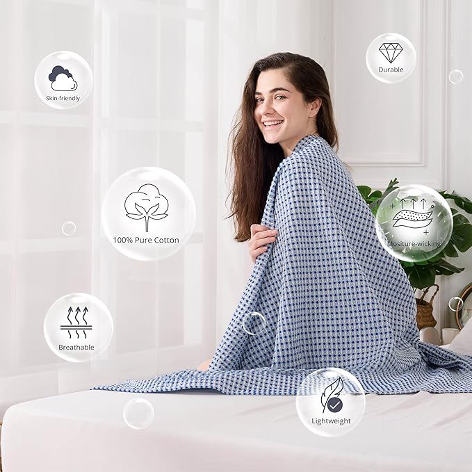 EGOHOME 100% Cotton Queen Size Blankets for Bed,Soft Jacquard Waffle Weave Blanket,Lightweight and Breathable Unique Dual-Tone Texture Cotton Blanket for All Seasons-Navy Blue,90 x 90 Inches