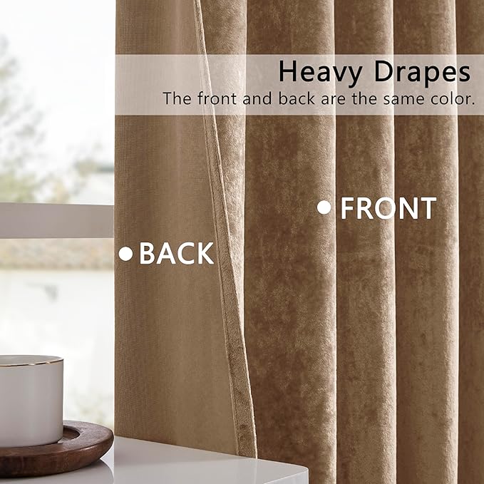 SMILETIME Amber Beige Crushed Velvet Curtains 52x108inch Rod Pocket Luxurious Thermal Insulated Soundproof Drapes Soft and Durable Light-Filtering Window Treatments for Living Room Bedroom, 2 Panels