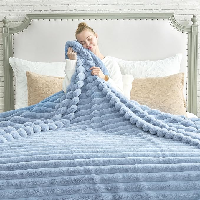Cozy Bliss Faux Fur Throw Blanket for Couch, Cozy Warm Plush Striped Blanket for Sofa Bedroom Living Room, 108 * 90 Inches Light Blue