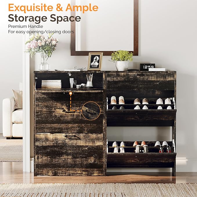 VINGLI Shoe Cabinet Storage for Entryway Ultra Slim with 2 Flip &1Drop-Down Drawers, 24.8" W Narrow Shoe Cabinet for Front Door Entrance,Freestanding Dark Rustic Oak Wood Shoes Organizer for Hallway