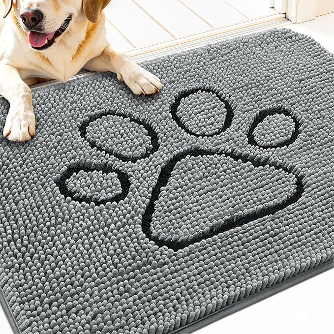 OLANLY Dog Door Mat for Muddy Paws 32x20, Paw Print Design, Absorbs Moisture and Dirt, Absorbent Non-Slip Washable Doormat, Quick Dry Chenille Mud Mat for Dogs, Entry Indoor Entryway Carpet, Grey