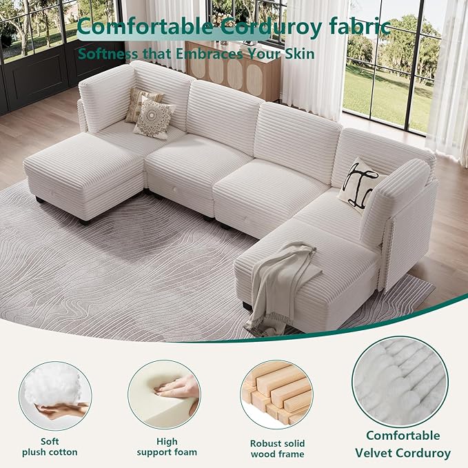 Modular Sectional Sofa with Adjustable Backrest, Convertible L/U-Shaped Sleeper Couch for Living Room, Cloud Sofa Bed Modern Reversible Design, White