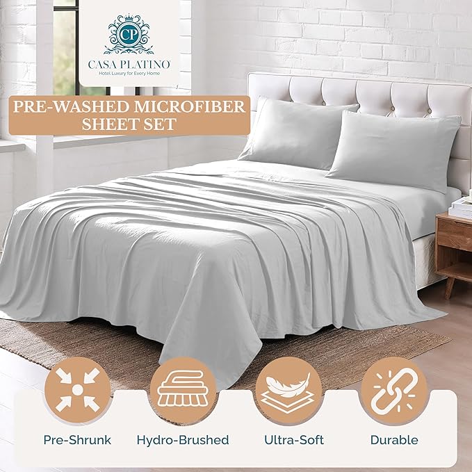 Casa Platino California King Bed Set, Pre-Washed Ultra Soft & Cozy Sheets, Brushed Microfiber Fabric, 4 Piece Set, California King Size Sheets Set with Deep Pockets – Silver