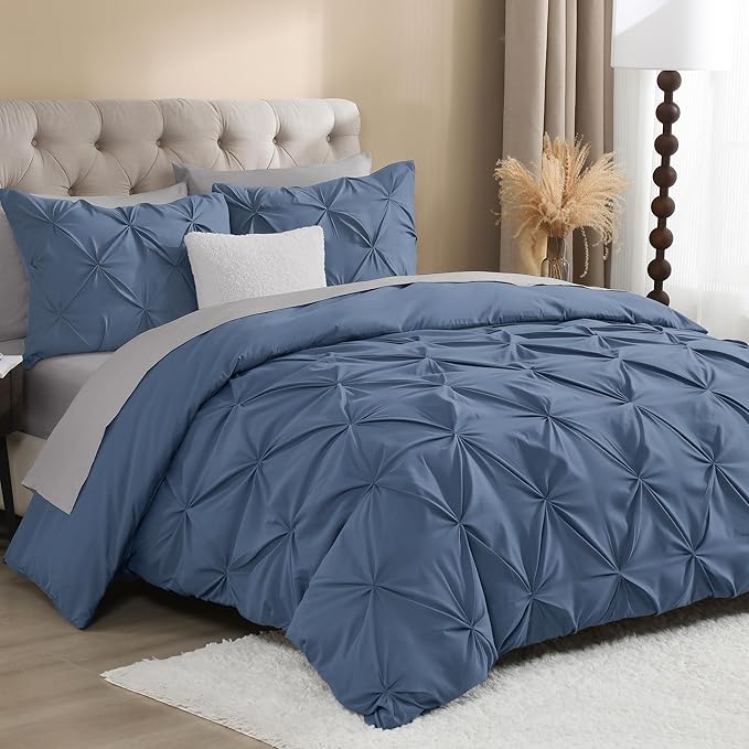 Litanika Ocean Blue King Pinch Pleat Duvet Cover, 3 Pieces Pintuck Cover Soft Microfiber Bedding Set with Zipper Closure & Corner Ties(104x90Inch-1 Duvet Cover, 2 Pillowcases)