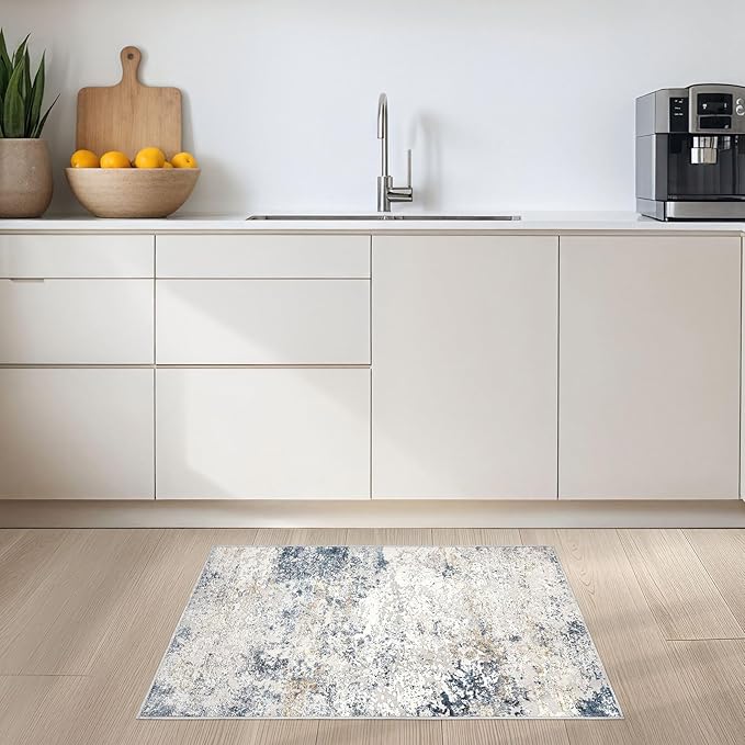2x3 Entryway Area Rug: Washable Neutral Modern Abstract Small Rug - Non-Slip Low Pile Throw Indoor Carpet for Entrance Kitchen Front Door Mat Bathroom Entry Kids Room - Beige Blue