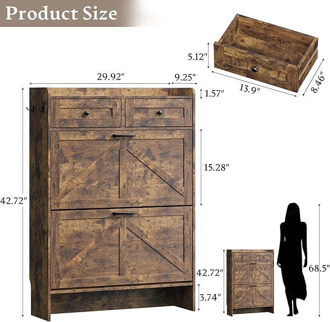 Shoe Storage Cabinet for Entryway, Farmhouse Narrow Shoe Cabinet with 2 Flip Drawers & Top Drawers, Adjustable Shelves & Hooks, Freestanding Hidden Rack Organizer for Hallway, Foyer