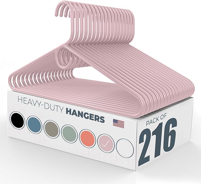 Neaties Heavy Duty Clothes Hangers 100+ Pack (216 Count) – Made in The USA – 8lb Capacity Plastic Hangers for Adult Clothing – Durable for Pants, Coats, Jackets, or Jeans – Pink
