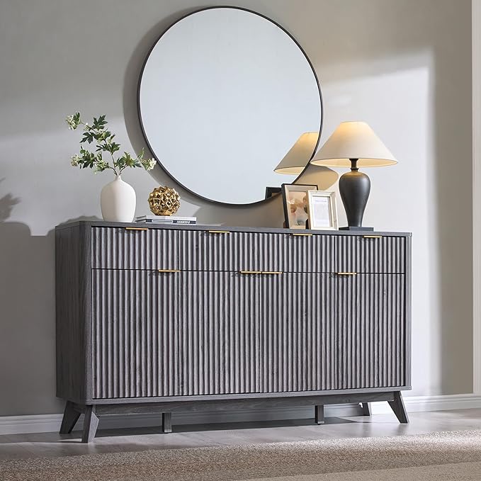 T4TREAM Large Buffet Sideboard Cabinet with Storages, 60" Fluted Modern Buffet Table Coffee Bar Wine Bar Storage Cabinet with 3 Drawers & 4 Doors for Dining Room, Living Room, Hallway(Dark Alder)