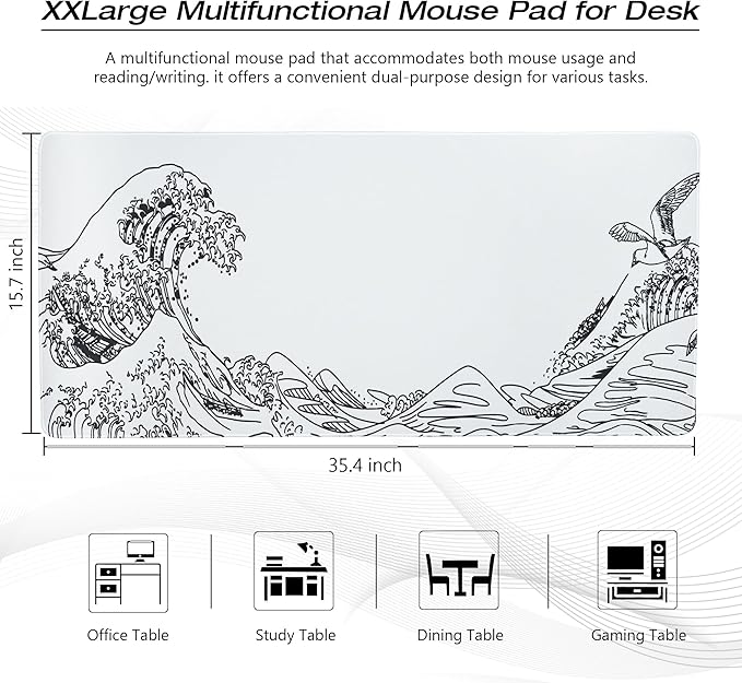 Large Gaming Mouse Pad for Desk,Kanagawa XXL Mouse Pad 35.4x15.7 Inch,Waterproof Desk Pad,Non-Slip Rubber Base Mice Pad,Keyboard Pad Computer Mat,White Mouse pad