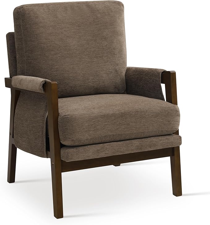 Dark Brown Accent Chair for Bedroom & Living Room, Mid Century Modern Accent Arm Chair, Upholstered Anthropologie Accent Chair with Solid Wood Frame, Fabric